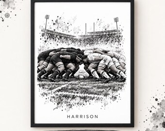 Personalised Rugby Print – Rugby Scrum Wall Art – Rugby Player Gift – Boys Bedroom Decor – Monochrome Sports Print