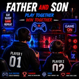 May include: A digital art image with the text "FATHER AND SON" and "PLAY TOGETHER - WIN TOGETHER". Two people wearing headphones play a video game. The text "PLAYER 1" and "01" is on one person's back, and "PLAYER 2" and "02" is on the other.