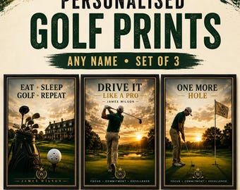 Personalised Golf Print Set, Custom Golfer Wall Art, Man Cave Decor (Set of 3)