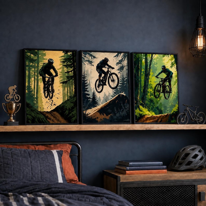 Puede incluir: Un conjunto de tres l&aacute;minas de arte mural enmarcadas que representan ciclistas de monta&ntilde;a saltando en un bosque, acompa&ntilde;ado de un trofeo dorado con silueta de bicicleta y un casco de bicicleta negro sobre una superficie de madera.