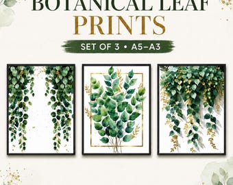 Set of 3 Botanical Leaf Prints | Sage Green Nature Wall Art
