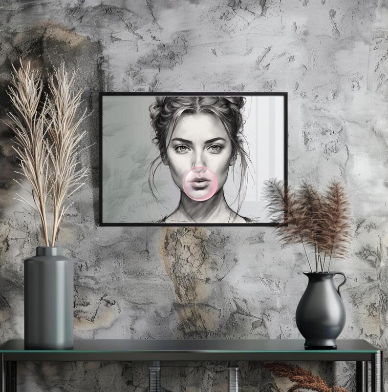 Bubblegum Fashion Glamour Women Sketched Print Bedroom Wall Art, Home