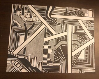 hand-drawn black and white geometric abstract drawing for room or dorm or wall