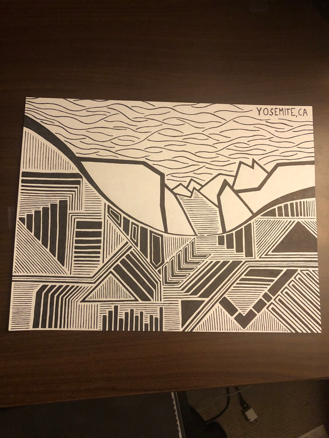 Handdrawn Black and White Yosemite Landscape Drawing for Wall or Dorm