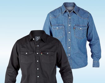 DUKE LONDON - D555 Western Long Sleeve Denim Shirt - (Stonewash Blue or Black)