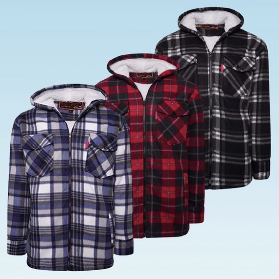 Men's Thick Sherpa Lined Checkered Plaid Hoodie Jacket