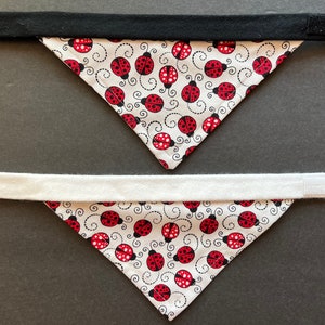 May include: Two white fabric dog bandanas with a red ladybug print. The bandanas have black adjustable straps with velcro closures.