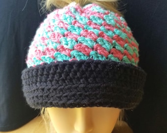 Crocheted Messy Bun Beanie and Scarf Set, Hand-Warming Scarf