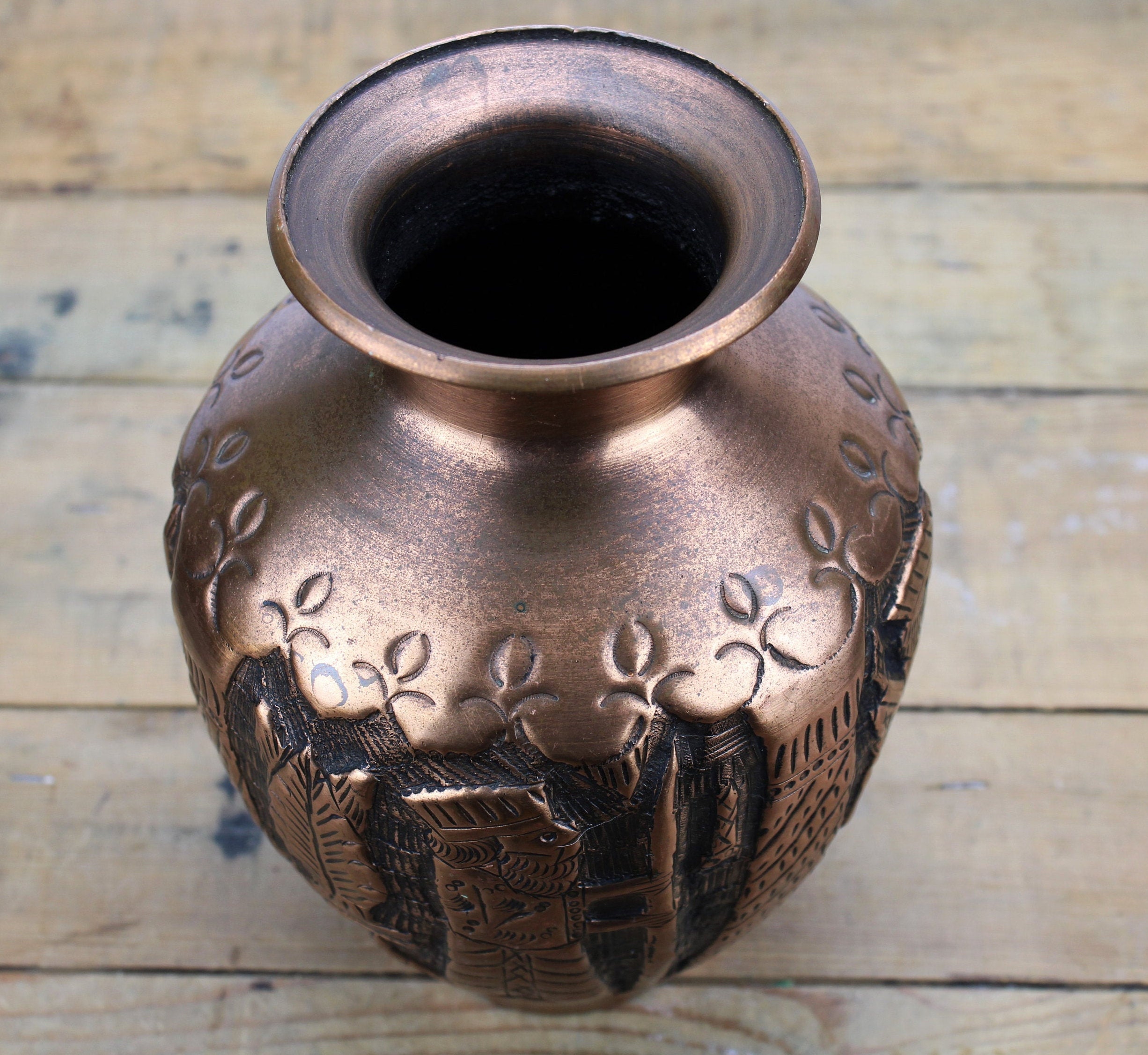 Vintage Copper Vase with Embossed Figures India Holy water Etsy