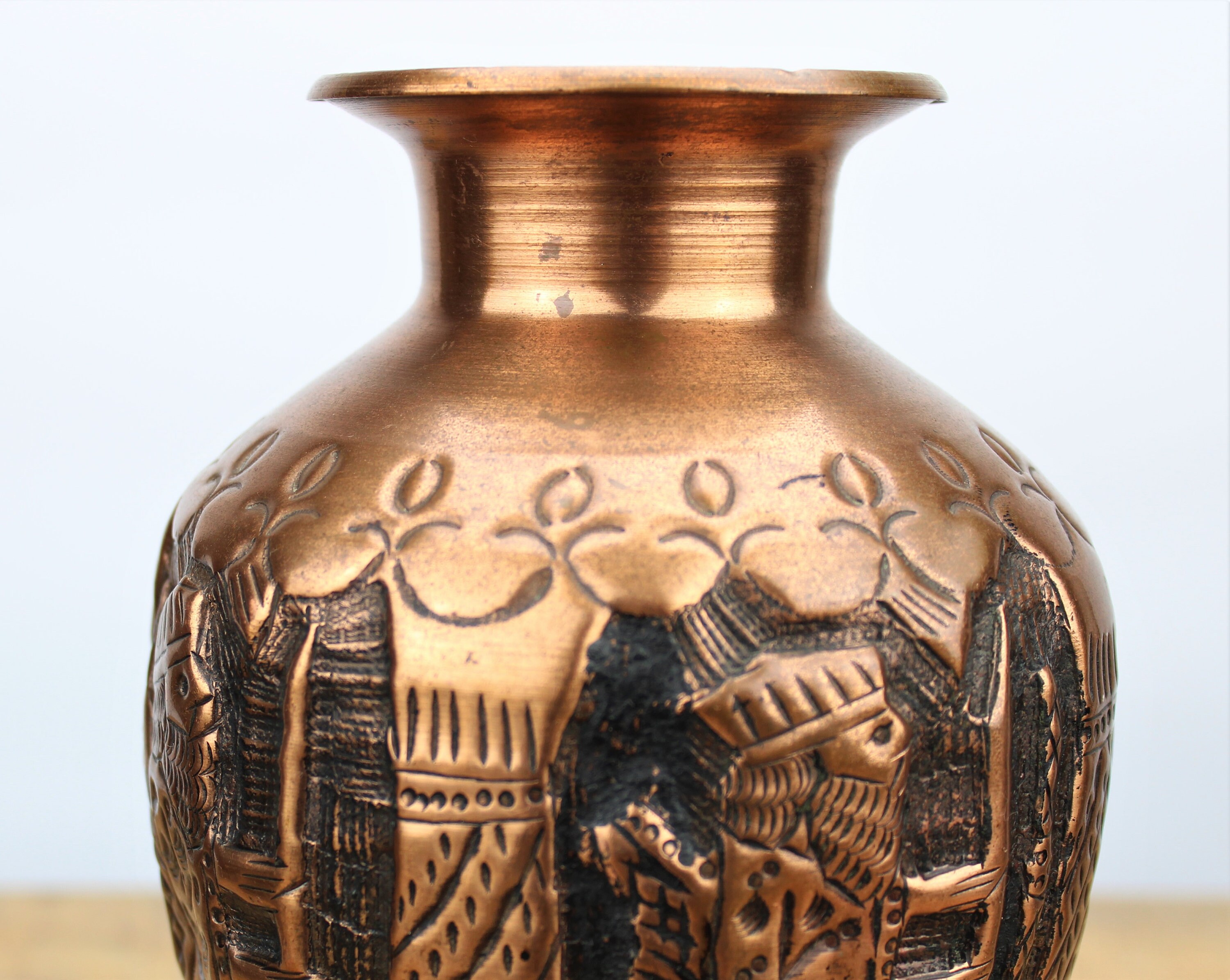 Vintage Copper Vase with Embossed Figures India Holy water Etsy