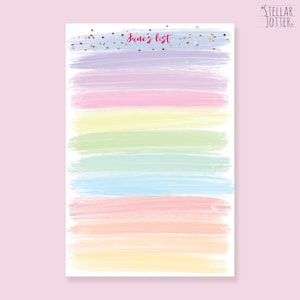 May include: A pastel rainbow-coloured printable checklist with the text "June's list" at the top. The background is white with gold glitter confetti.