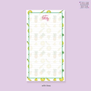 May include: A printable notepad with a pineapple and lemon pattern. The notepad has a green border and the word "Notes" written in red at the top. The notepad is labelled "with lines".