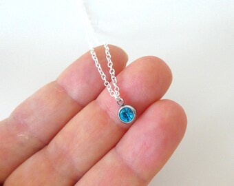 Simple crystal blue pendant necklace in sterling silver chain, dainty jewelry, aqua necklace, turquoise pendant necklace