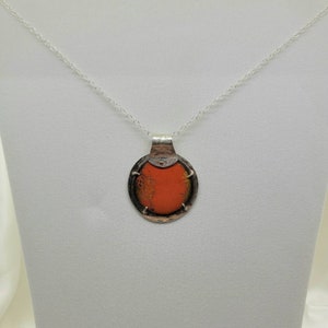 Round Orange Pendant, Enamel Pendant, Orange Necklace, Enameled Orange and Red Pendant