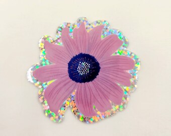 Holographic Glitter Stickers- Pink Flower - Water Resistant Stickers