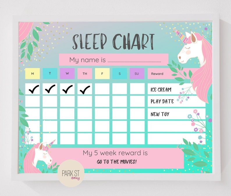 sleep chart unicorn rainbow behaviour behavior girls etsy