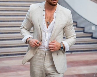 Linen Suits For Men Beige Linen Suits Luxury Slim Fit Formal Fashion 2 Piece Suits Arrival Wedding Classic 2 Button Suits Linen