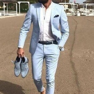 Men Suits Beach Wedding Suits Sky Blue Groom Suits Men 2 Button Notch ...