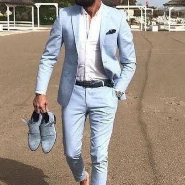 Men Suits Beach Wedding Suits Sky Blue Groom Suits Men 2 Button Notch Lapel 2 Piece Suits Prom Beach Suits