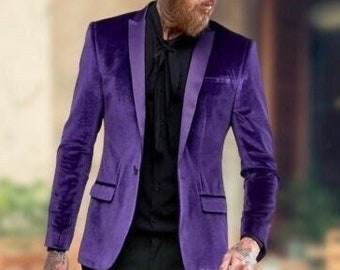 Men Jacket Arrival 1 Button Purple Velvet Blazer Groom Wear Coat Men Wedding Dinner Jacket Peak Lapel Prom Jackets