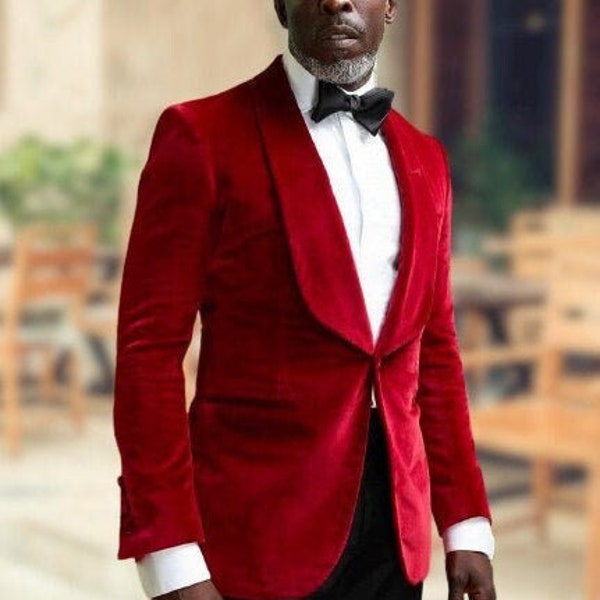 Men Blazer Red Velvet Jacket Wedding Party Wear Blazer Stylish Groom Blazer Shawl Lapel Dinner Coat 1 Button Velvet Jacket
