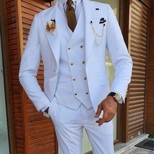 Men Suit Formal Fashion 3 Piece Suit Wedding Dinner Suit For Men Bespoke White Peak Lapel Prom Suit Double Vent Men Suit