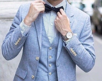 Men Suits Sky Blue Linen 3 Piece Suits Wedding Party Wear 2 Button Stylish Linen Suits For Men Bespoke Linen Prom Suits