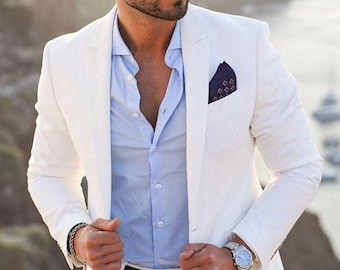 Men Suits White Linen Suits Formal Fashion Linen Suits Slim Fit 2 Piece Suits Wedding Beach Suits Peak Lapel 1 Button Suits