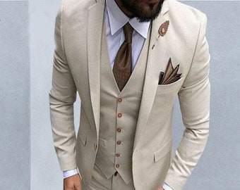 Men Suit Beige Groom Suit Wedding Party Wear Suit Slim Fit 3 Piece Suit Formal Fashion Men Beige Suit Stylish 1 Button Suit