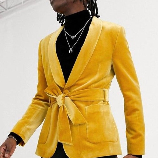 Yellow Velvet Jacket, Men Party Wear Coat, Stylish Belted Men Blazer, Slimfit Wedding Dinner Jacket, For Men Tuxedo Dress,