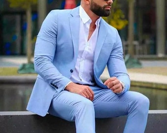 Men Suits Groom Wedding Men Suits Summer Vintage Elegant Sky Blue Suits Slim Fit 2 Button Suits Notch Lapel Wedding Suits