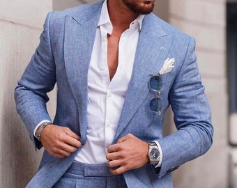 Men Suit Sky Blue Linen Suit 2 Piece Peak Lapel Dinner Suit Wedding Party Wear Suit Slim Fit 1 Button Beach Linen Suit