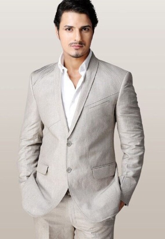 Linen Luxury Suits Beige Classic Slim Fit 2 Piece Suits Designer