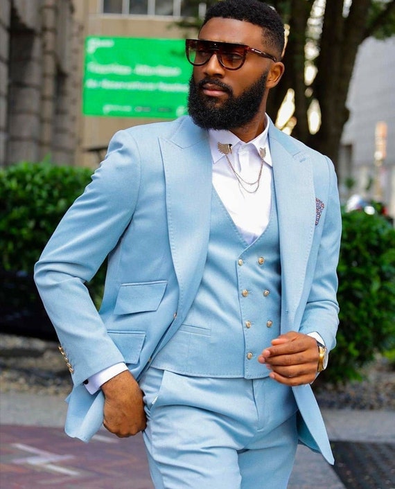 Men Suit Formal Fashion Wedding Suit Slim Fit Suit Sky Blue 3 Piece Suit  Groom Wear 2 Button Suit Men Prom Suit Single Breast Men Suit 