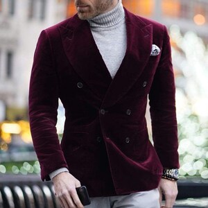 Mens Jacket Maroon Velvet Groom Blazer Double Breast Wedding Dinner ...