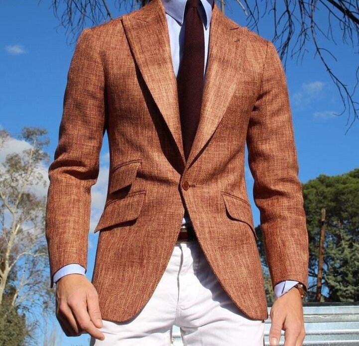 Men Linen Jacket Brown Linen Classic Men Blazer Peak Lapel Etsy