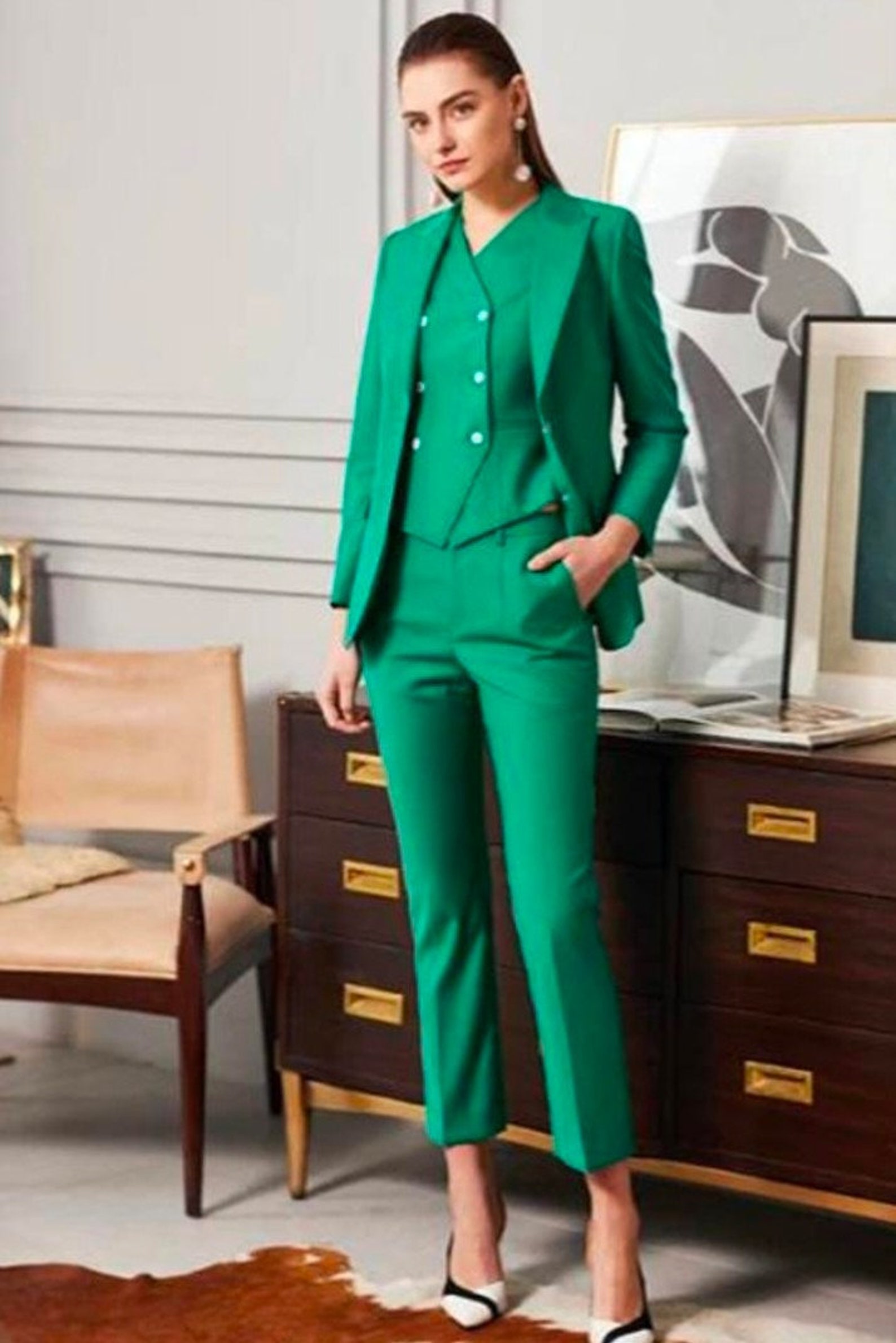 Womens Suits Green 3 Piece Suits Wedding Slim Fit Suits 2 Etsy