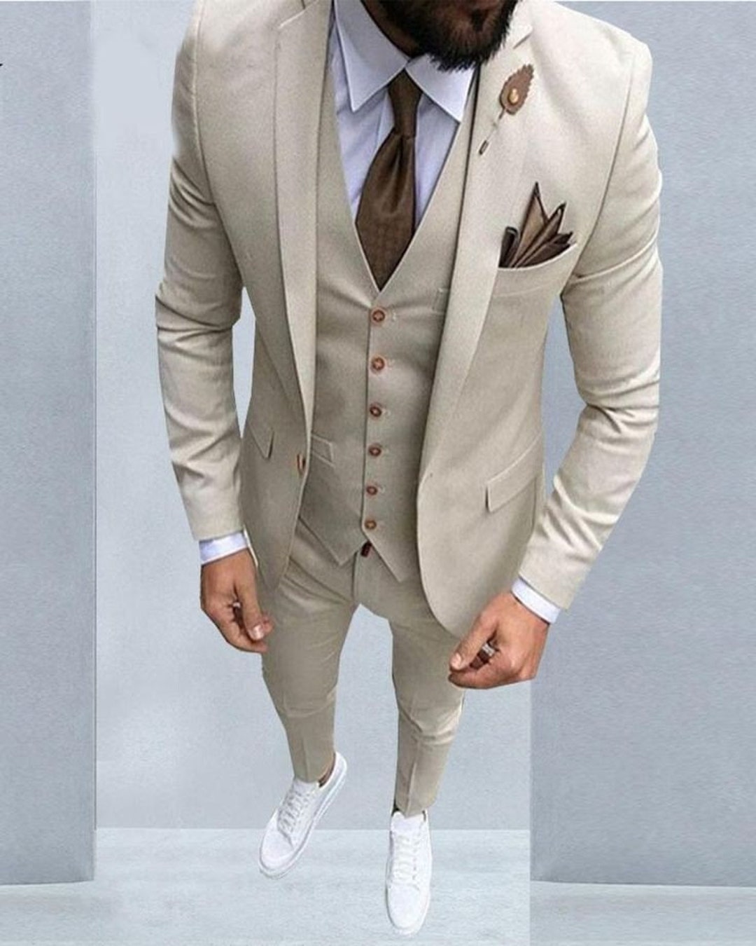 Men Suits Beige Groom Suits Wedding Party Wear Suits Slim Fit 3 Piece ...