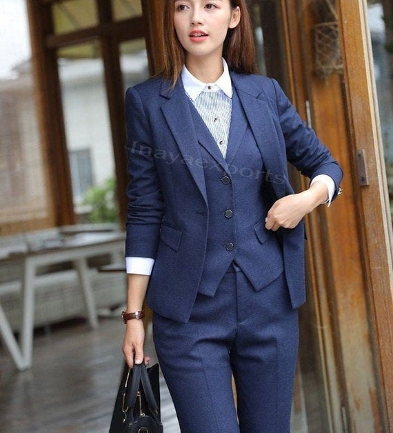 Women Suits Blue Formal Fashion 3 Piece Suits Slim Fit 1 Button Suits Female  Wedding Dinner Suits Notch Lapel Suits 