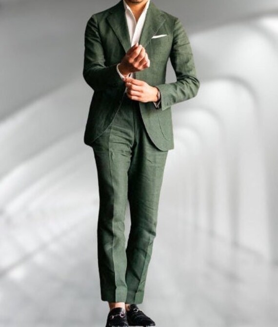 Prom Linen Suits Men Wedding Groom Linen Suits Dark Green Etsy