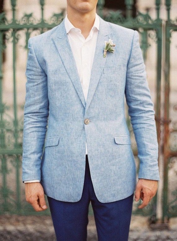 Men Jacket Wedding Party Wear Stylish Blazer Sky Blue Linen 2 Button Groom Coat Sky Linen Men Blazer
