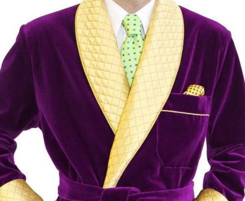 Men Jacket Smoking Robe With Yellow Quilted Lapel Jacket Purple Velvet