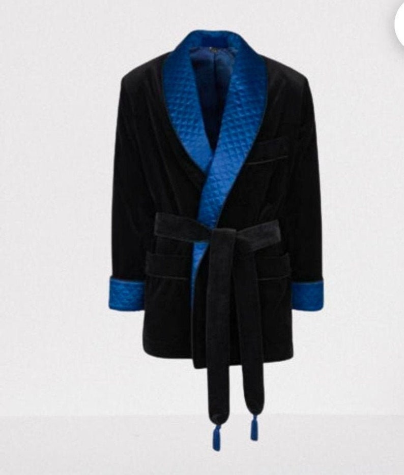 Mens Quilted Smoking Jacket Black Velvet Smoking Blazer Hosting Evening Dinner Party Wear Jacket Groom Wear Quilted Coat Smoking Belted Coat
