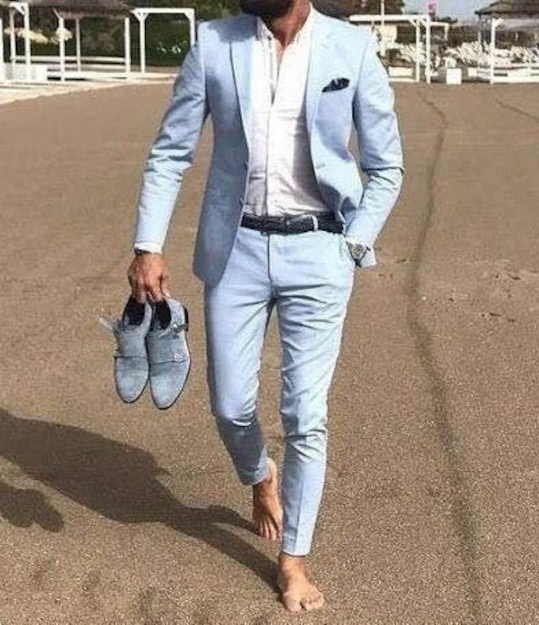 Men Suits Beach Wedding Suits Sky Blue Groom Suits Men 2 Button Notch