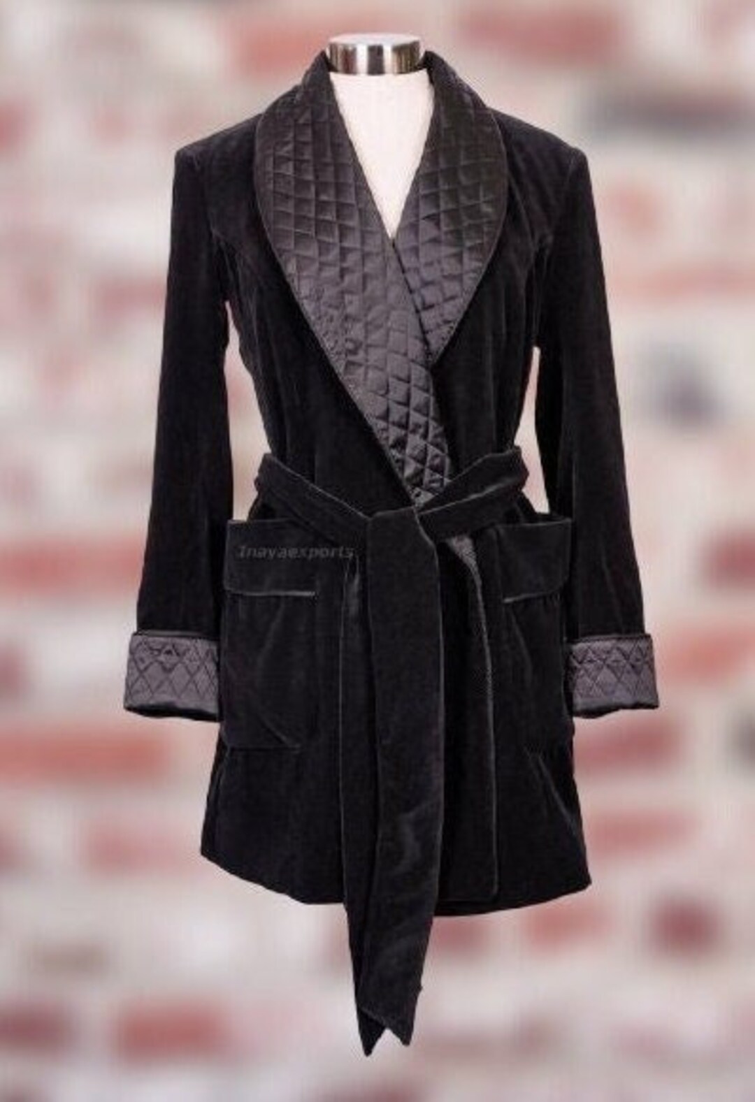 Men and Women Jacket Black Velvet Smoking Robe With Black Satin Quilted