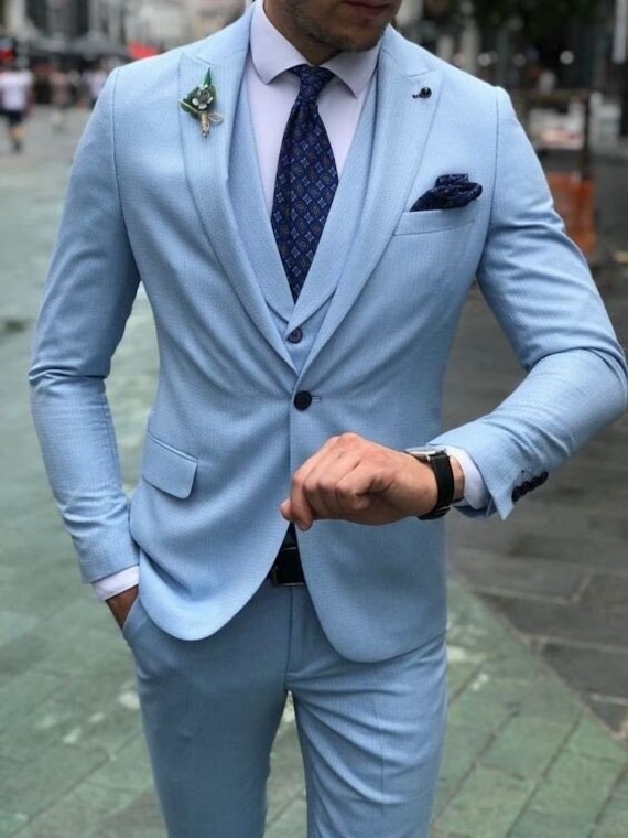 Sky Blue Vintage Suits 3 Piece Suits One Button Groomsmen | Etsy