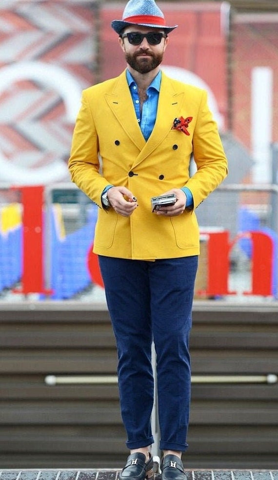 Mens yellow double breasted cheap blazer