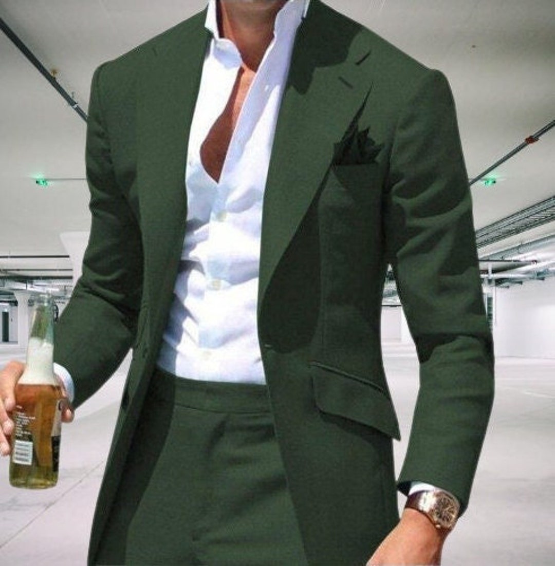 Men Formal Fashion Suits Stylish Green 2 Piece Suits 1 Button Wedding ...