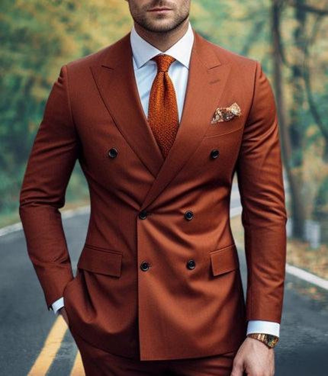 Men Double Breast Suits Rust Colour Elegant Suits Slim Fit Wedding ...