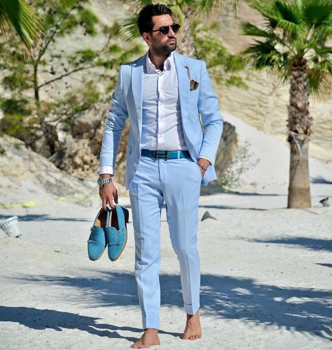 Men Suits Sky Blue Beach Suits 2 Piece Suits Dinner Party Wear Suits